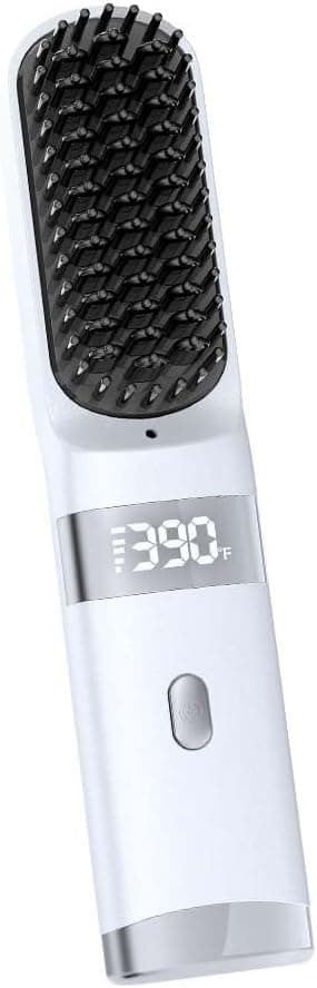Cordless Hair Straightener Brush Portable on the go Comb for Travel USB chargingTwo Power sources30s Fast HeatingLCD Large Screen Display(White)