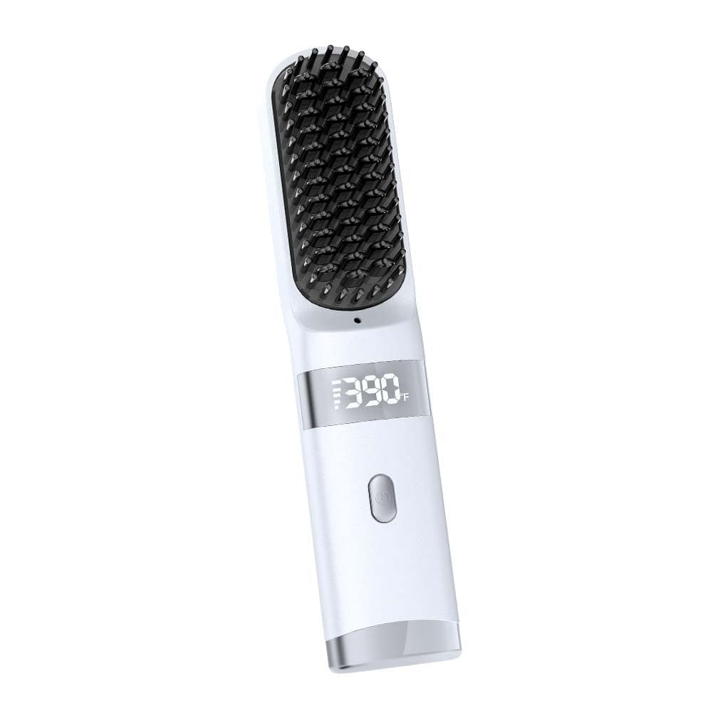 Cordless Hair Straightener Brush Portable on the go Comb for Travel USB chargingTwo Power sources30s Fast HeatingLCD Large Screen Display(White)