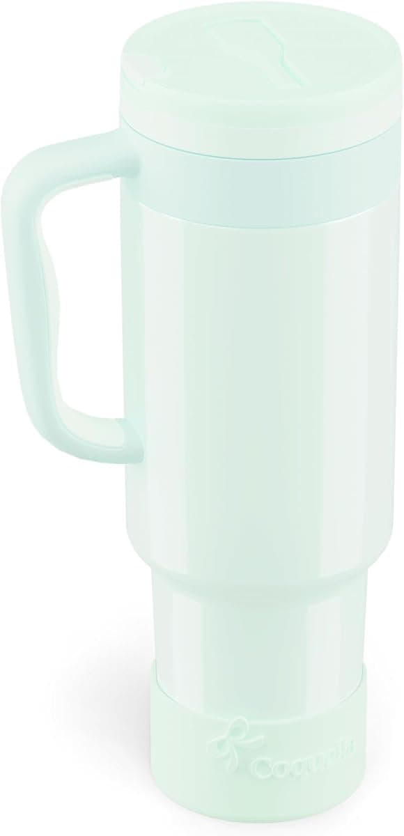 40 oz Insulated Tumbler with Handle and Push-Button Straw Lid, Stainless Steel Travel Cup for Gym Office, Leakproof, BPA-Free, Cup Holder Friendly, Bow Silicone Boot, Green (Morning Mist)