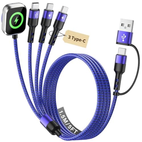 MPATIBY 3Type-C 4 in 2 Multi Charging Cable for iWatch Charger/iPhone 17-15 | Travel iPhone Watch Charger for iWatch Ultra/SE/11-2,Android, 5FT Cruise Camping RV Essentials, Safe & Durable Multi Charger