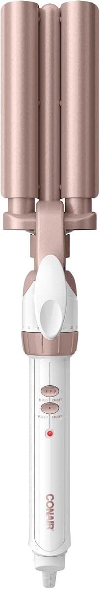 Conair Double Ceramic 3 Barrel Curling Iron, Triple Barrel Waver Hair Tool Creates Deep, Continuous Waves, Hair Curler for All Hair Lengths, White/Rose Gold