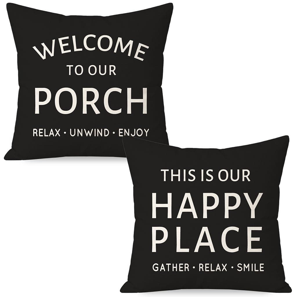 Outdoor Farmhouse Decorative Throw Pillow Covers 18x18 Inch Set of 2 Welcome to Our Porch This is Our Happy Place Black and White Cushion Case Decoration for Patio Furniture Couch Decor
