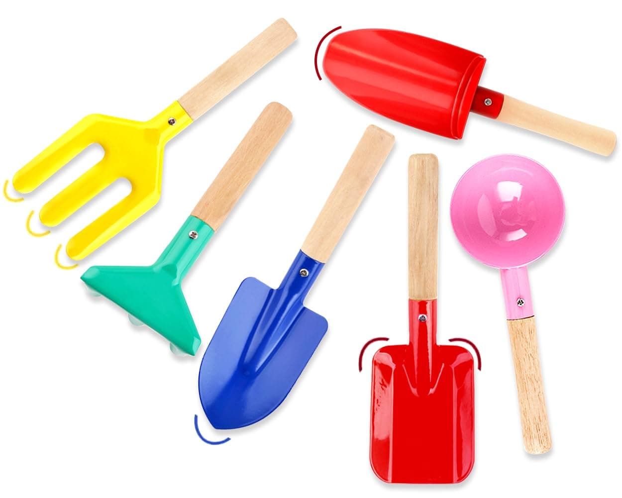 6 Piece Beach Sand Box Toys, Kids Gardening Tools, Made of Metal with Sturdy Wooden Handle, Safe Beach Gardening Set, Spoon, Fork, Rake & Shovel, Gifts for Toddlers
