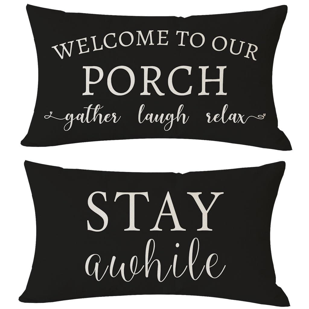 PANDICORN Welcome to Our Porch Stay Awhile Farmhouse Black and White Outdoor Lumbar Decorative Throw Pillow Covers 12x20 Inch Set of 2 Cozy Relax Porch Patio Decorations for Home Couch Bench Decor