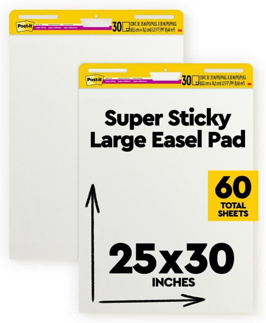 Post-it Super Sticky Easel Pad, 25 x 30 Inches, 30 Sheets Per Pad, 2 Pads, Large, White, Premium Self Stick Flip Chart Paper, Anchor Chart, Office Supplies & School Supplies, Great for Teachers and Students