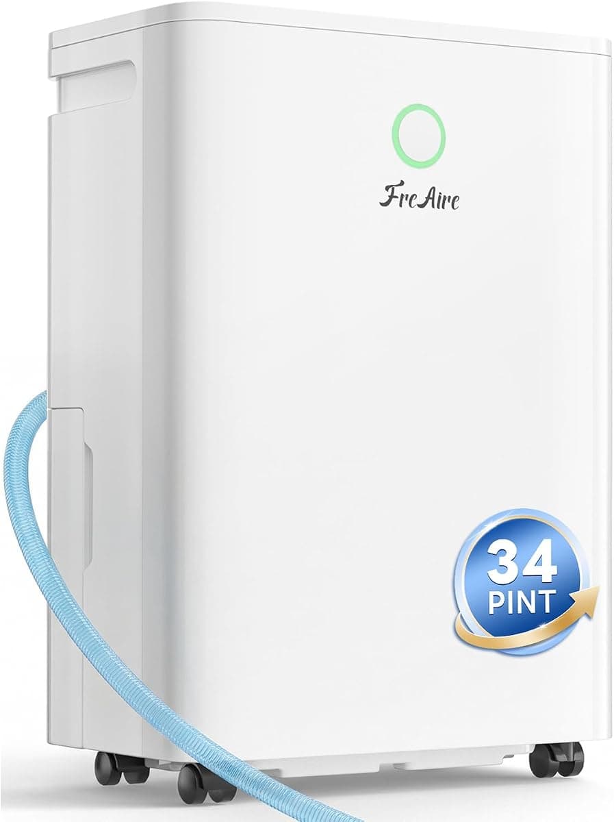 FreAire 2500Sq.Ft Dehumidifier,34Pint Dehumidifiers for Home, Quiet Dehumidifier for Basement, Bedroom, Bathroom,6.56FT Drain Hose, 0.66Gal Water Tank, 3-Color Humidity Light
