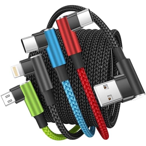 Travel Vacation Essentials Multi Charging Cable, Right Angle 4 in 1 Charging Cable, Long Phone Charger Cords with IP/Type C/Type C/Micro Port, Compatible with Most Cell Phones and More （1Pack 5FT）