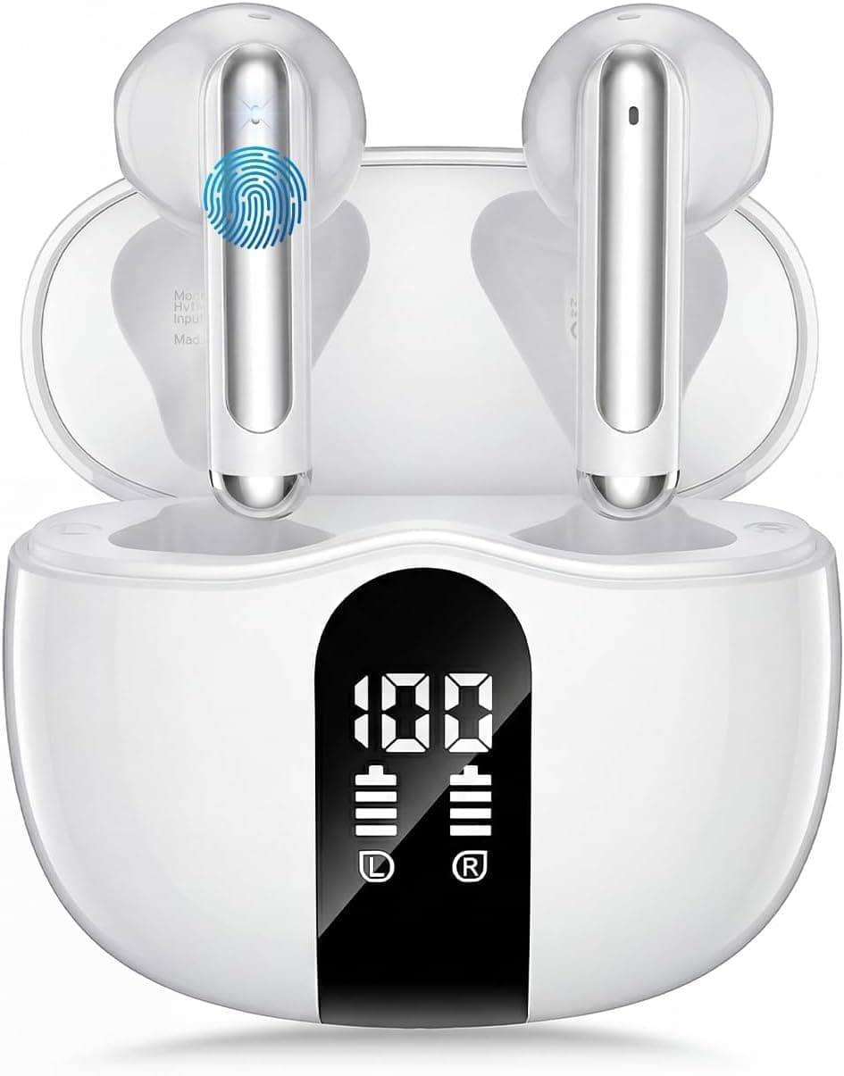 Wireless Earbuds, 2026 Bluetooth 5.4 Headphones Bass Stereo Ear Buds with Noise Cancelling Mic, LED Display in Ear Earphones 50H Playtime Ear Buds, IP7 Waterproof for Laptop Pad Phones Soft White