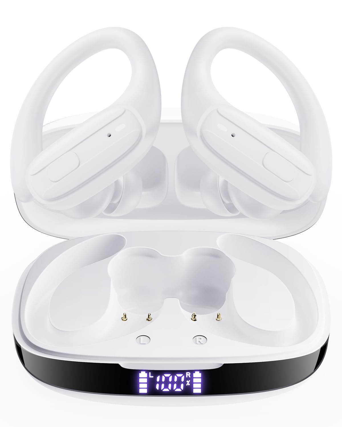 LEEMC Wireless Earbuds, Bluetooth Headphones 5.4, 80Hr Playtime Ear Buds with Hooks for Sports, Noise Canceling, LED Display, IPX7 Waterproof Earphones for Workout Running, Purewhite