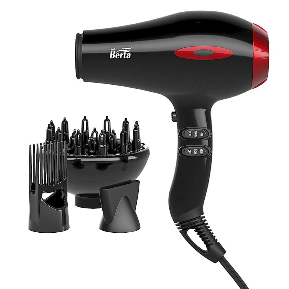Berta 1875W Powerful Tourmaline Ceramic Ionic Hair Dryer 2 Speeds & 3 Heating Settings, Salon Professional Blow Dryer with Diffuser/Concentrator/Comb (Black)