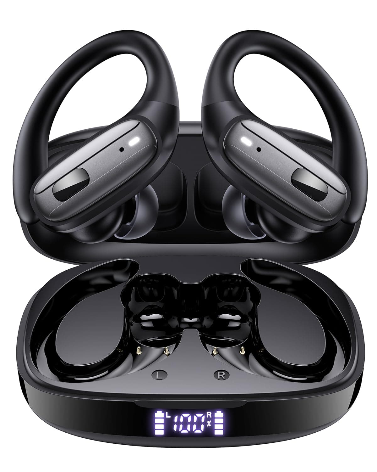 LEEMC Wireless Earbuds, Bluetooth Headphones 5.4, 80Hr Playtime Ear Buds with Hooks for Sports, Noise Canceling, LED Display, IPX7 Waterproof Earphones for Workout Running, Onyx