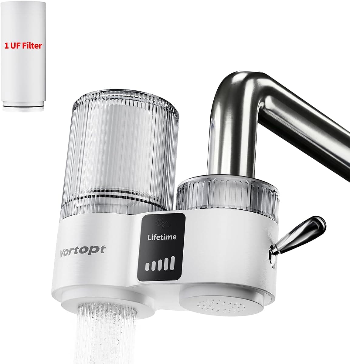 Vortopt T9-UF Faucet Water Filter for Kitchen Sink, with Smart Display | NSF/ANSI 42 Certified Tap Water Purifier, 0.01 Micron Ultrafiltration, 400 Gallon Capacity, White, with 1 Replacement