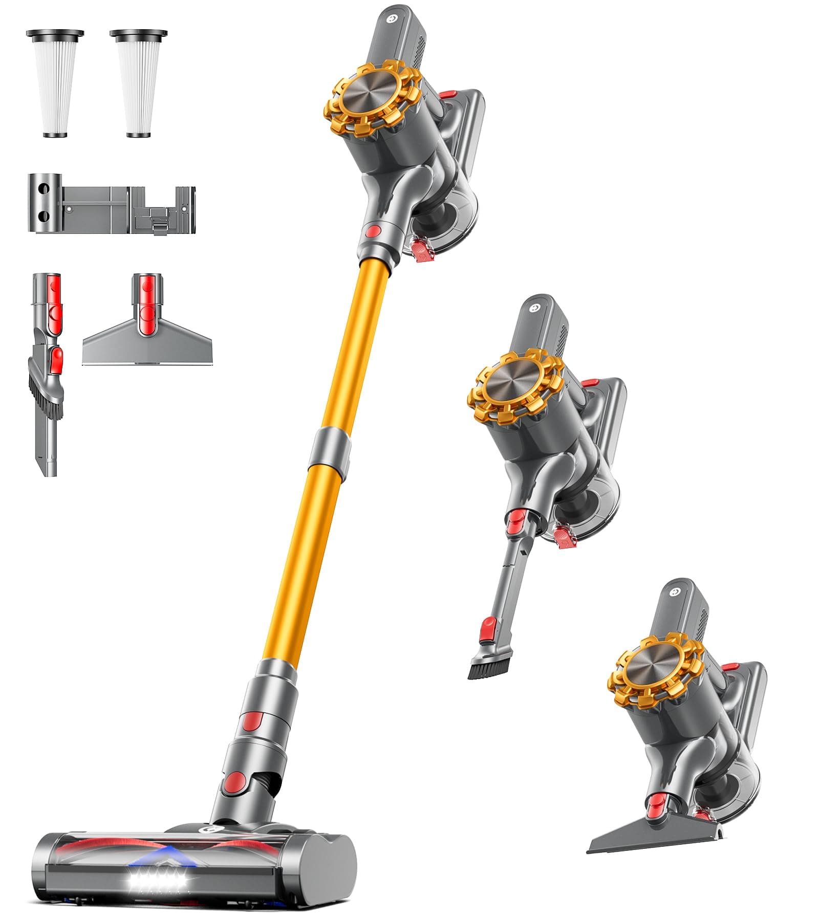 CHEBIO Cordless Vacuum Cleaner, 550W/45Kpa Vacuum Cleaners for Home with LED Display, Anti-Tangle&Wall Mount, 65Mins Wireless Vacuum, 8 in 1 Lightweight Stick Vacuum for Hard Floor/Carpet/Hair (Gold)