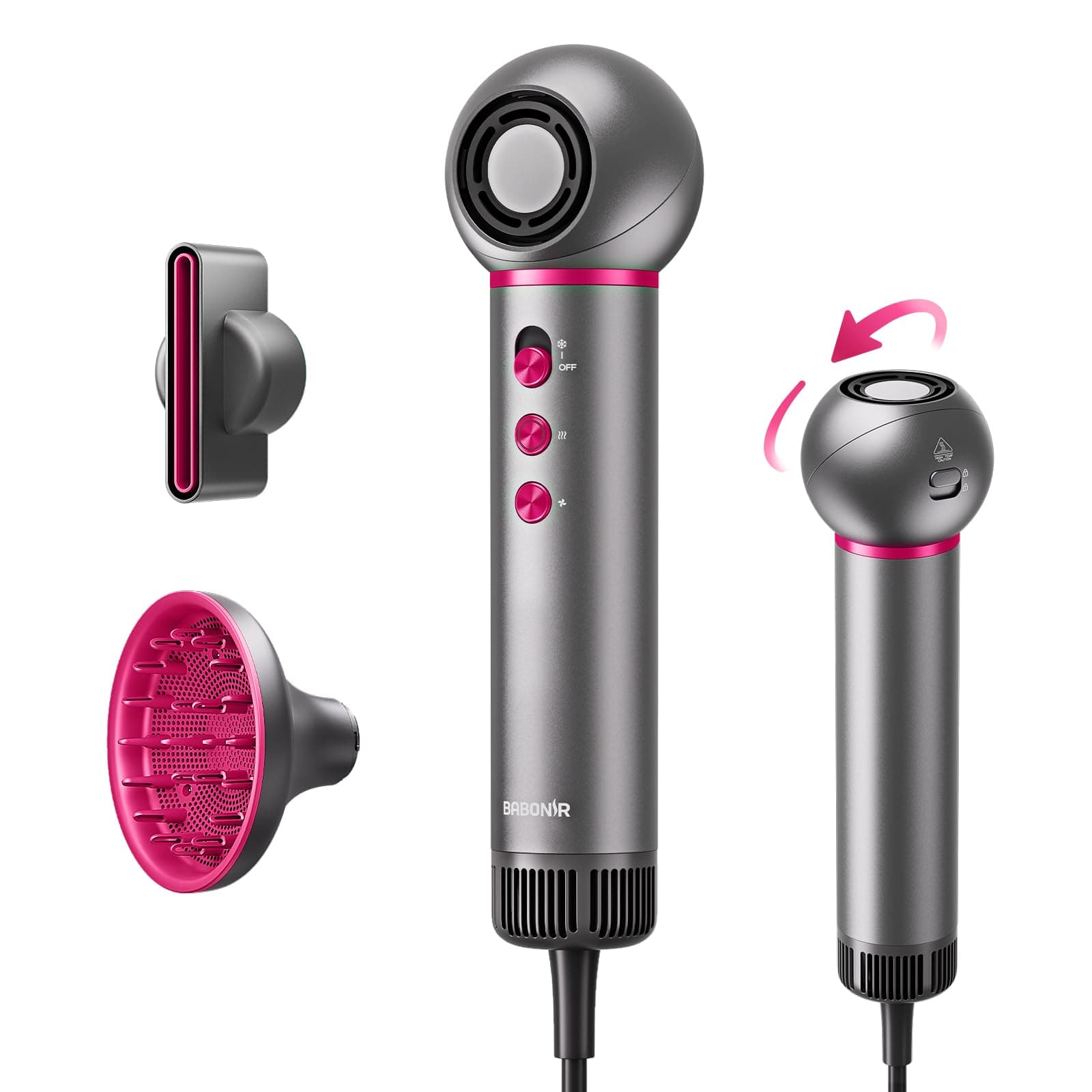 BABONIR Travel Hair Dryer for Women, Lightweight Compact Blow Dryer, 360° Rotatable Head, 110,000 RPM High-Speed Ionic Hair Dryer with Diffuser & Concentrator, Portable Hair Dryer for US Travel & Home