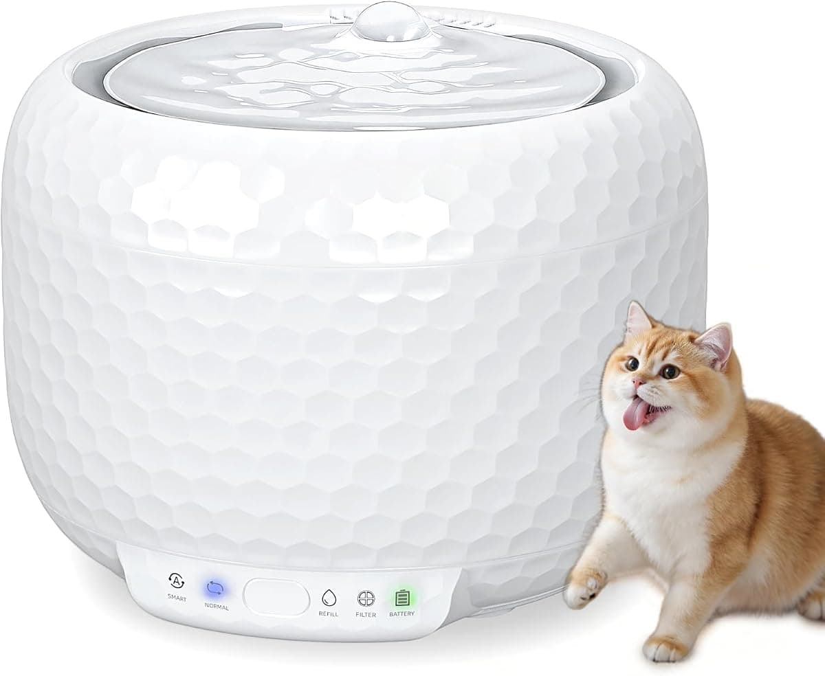 Wireless Cat Water Fountain with 5200mAh Rechargeable Battery, 1.8L Cat Fountain with Ultra Quiet Pump, 2 Flow Modes Automatic Drinking Fountain for Cats & Small Dogs (White)