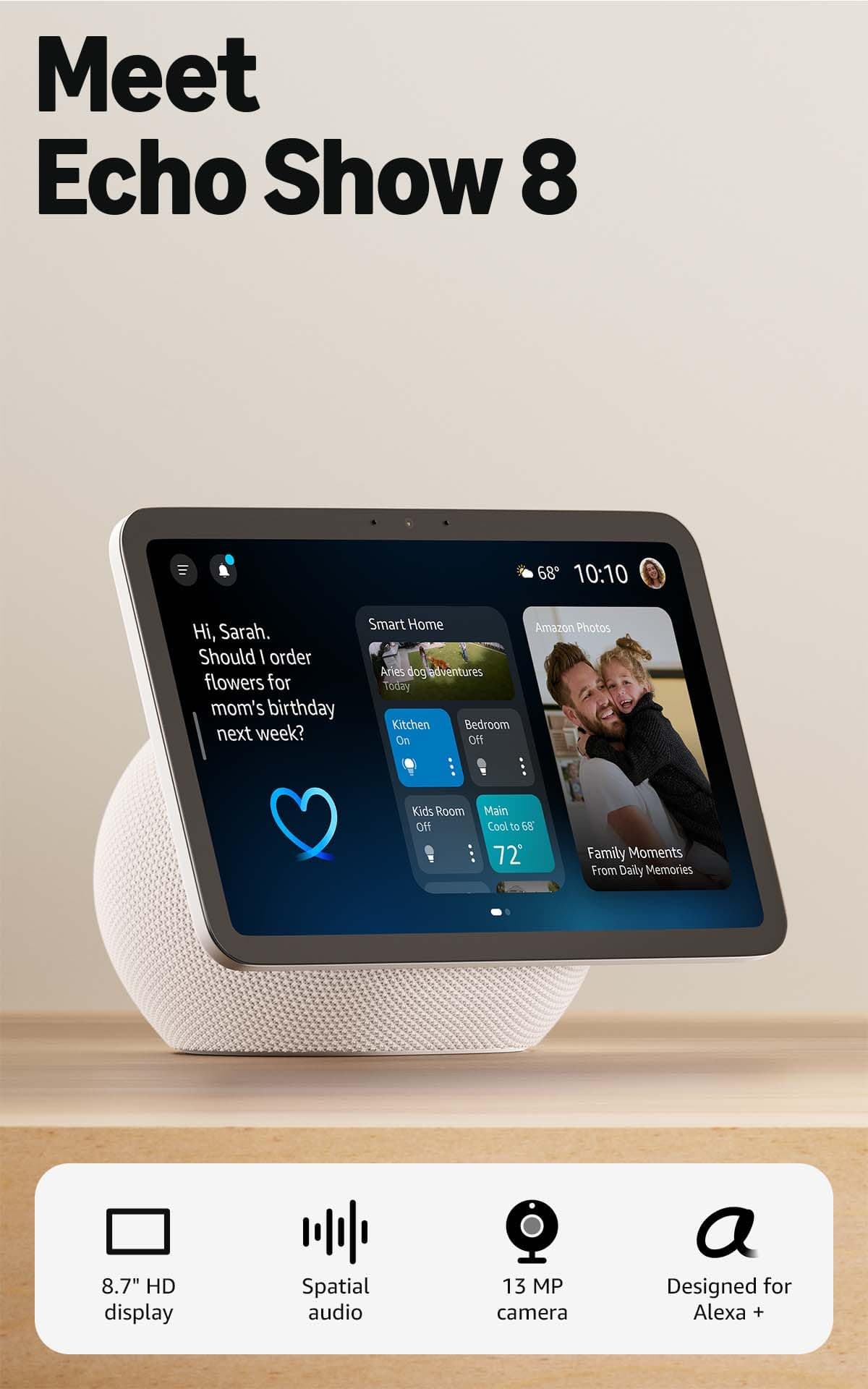 Amazon Echo Show 8 (newest model), Vibrant HD 8.7" display with spatial audio, Designed for Alexa+, Glacier White