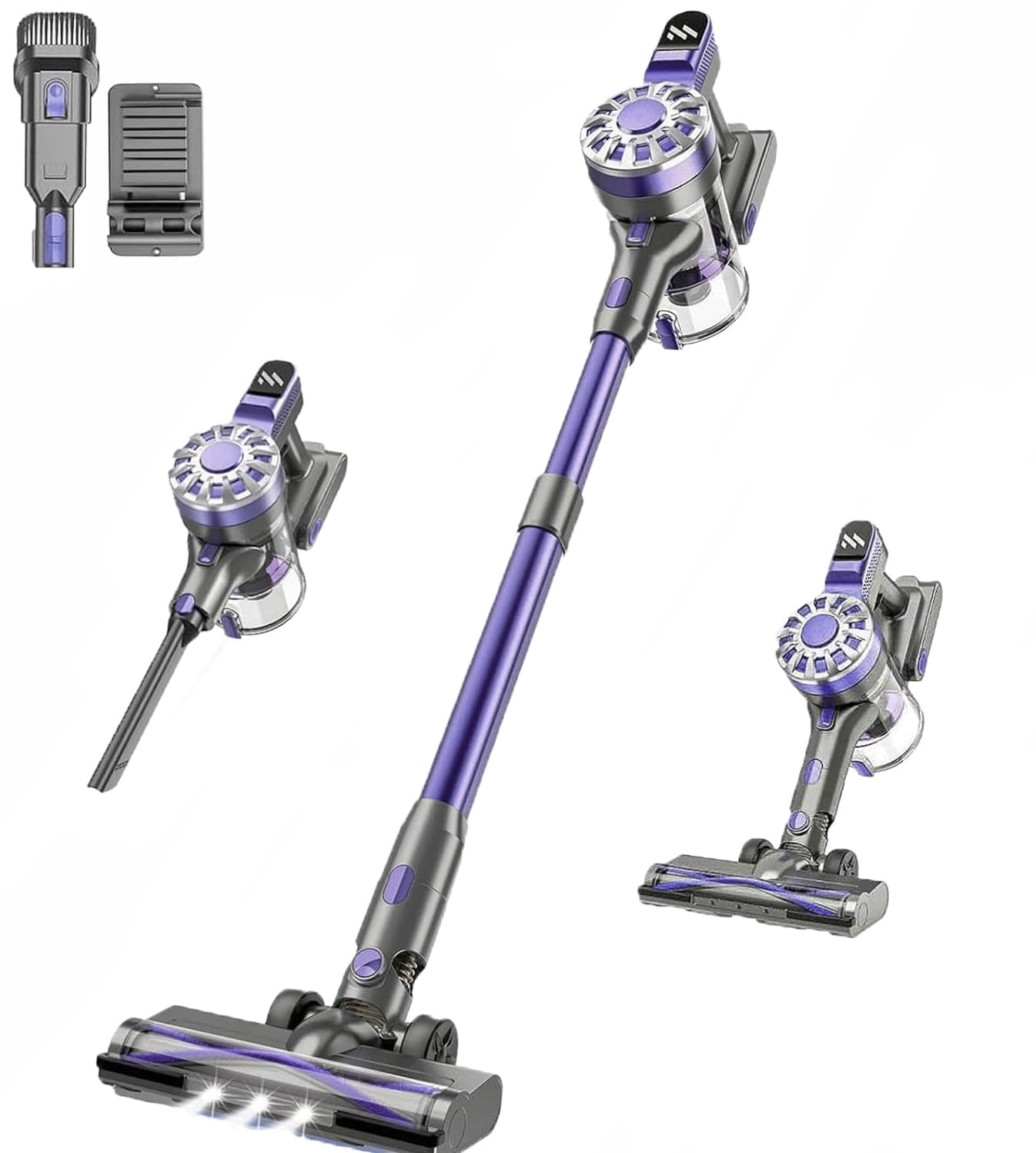 Cordless Vacuum Cleaner, 6 in 1 Lightweight Stick Vacuum with Rechargeable Battery, Handheld Conversion, LED Headlights & 180° Swivel Brush, for Hardwood Floor Carpet Pet Hair Stairs Car(Light Purple)
