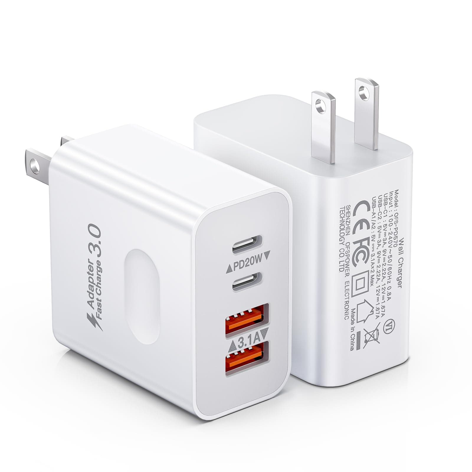 [2-Pack] USB C Wall Charger, 40W 4-Port Fast Charging Block USB C Charger Dual USBC Power Adapter + QC Wall Plug Multiport Brick Type C Block for iPhone 17 16 15 14 13 12 11 Pro Max, iPad, Samsung