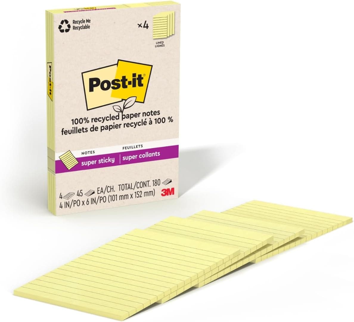 Post-it Super Sticky 100% Recycled Notes, 4 Sticky Note Pads, 4 x 6 in., 2X the Sticking Power, Back to School Supplies for Students, Memo Pads for Textbooks, Canary Yellow