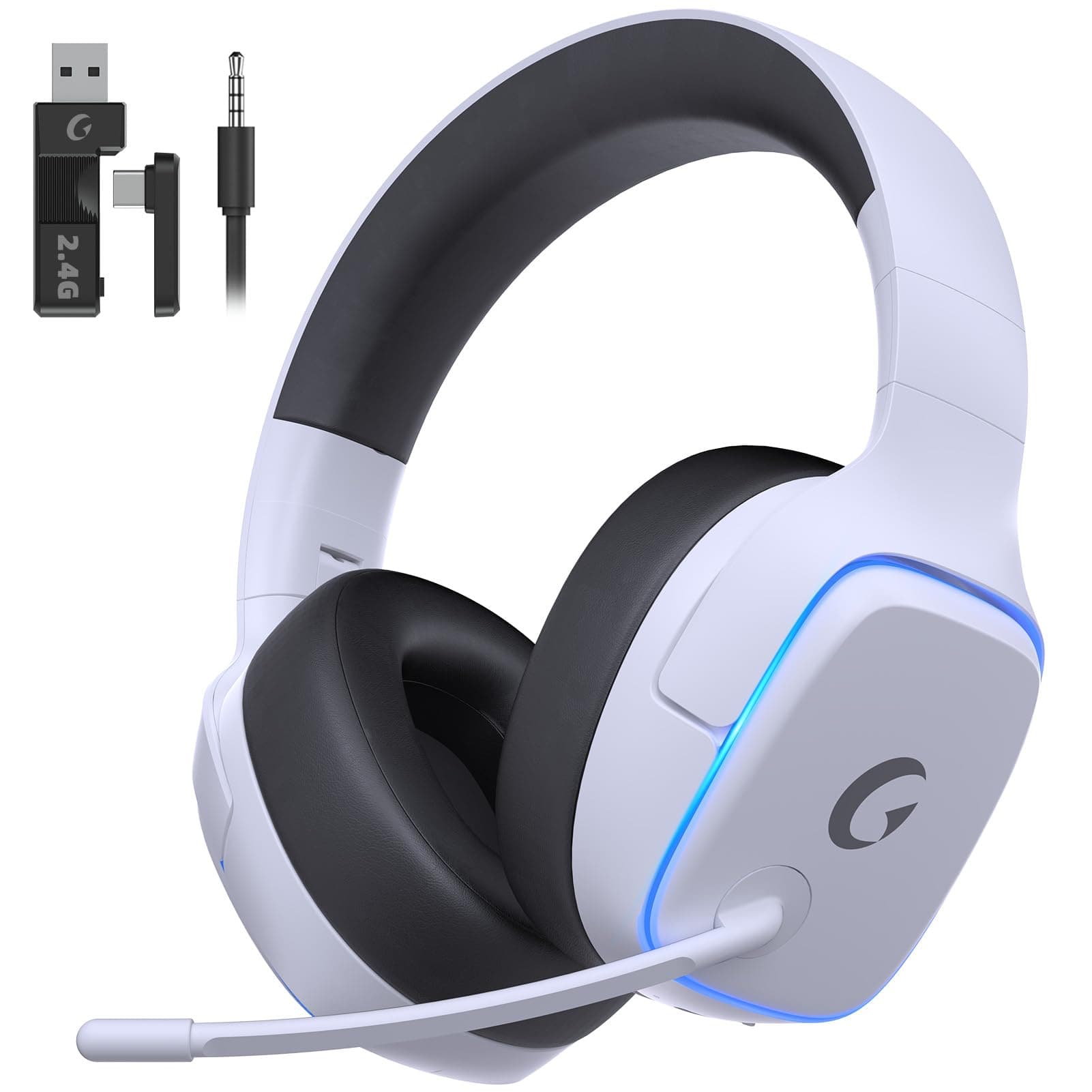 Gvyugke 2.4GHz Wireless Gaming Headsets for PS5, PS4, PC, Switch - Bluetooth 5.3 Gaming Headphones with Noise Canceling Mic, 7.1 Surround Sound, 70H Battery, Blue Lighting - White