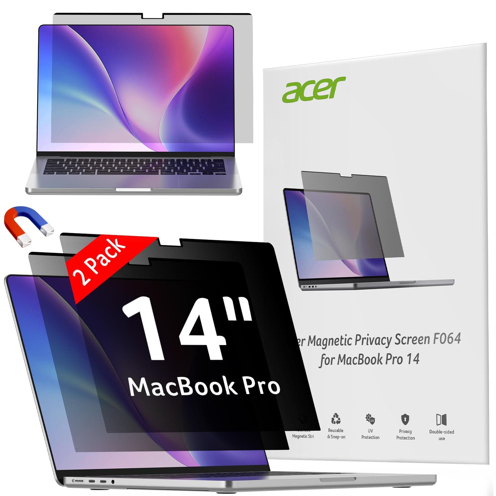acer [2 Pack] Laptop Privacy Screen for MacBook Pro 14 Inch (2021-2024 M1, M2, M3, M4), Eye Protection Anti Spy/Glare Blue Light Computer Monitor Privacy Filter, Dual-sided Magnetic & Removable