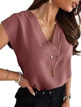 Lynwitkui Women's V Neck Chiffon Blouses Cap Sleeve Shirts Casual Loose Work Office Solid Tops
