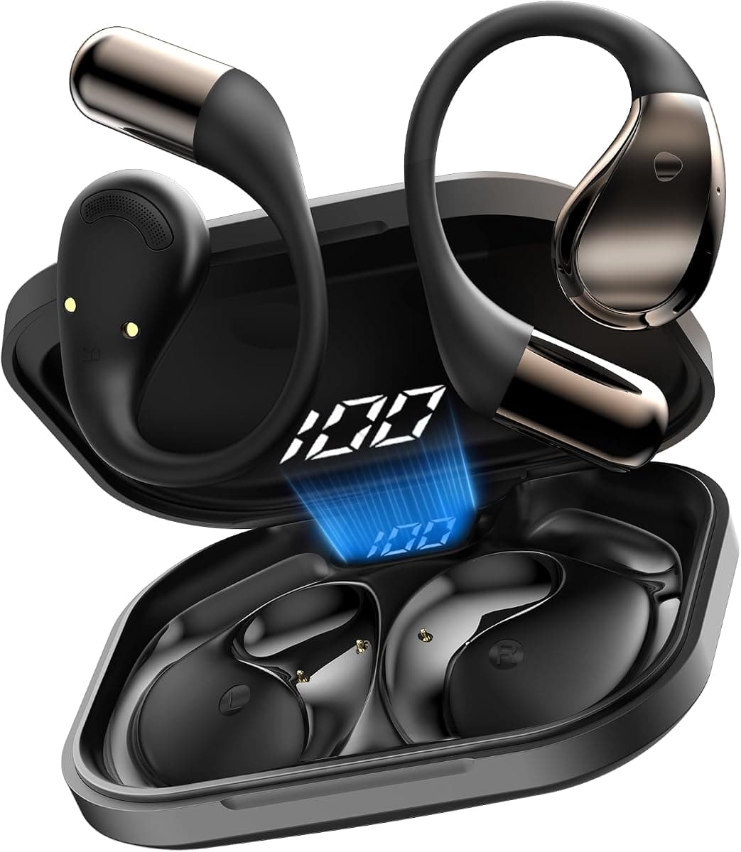 Open-Ear Headphones, Bluetooth 6.0 Wireless Earbuds Powerful Sound, 40H Open Ear Earbuds with ENC Mic, Adjustable Ear Hooks/IP7 Waterproof/Ultra-Comfort Earphones for Workouts, Jet Black