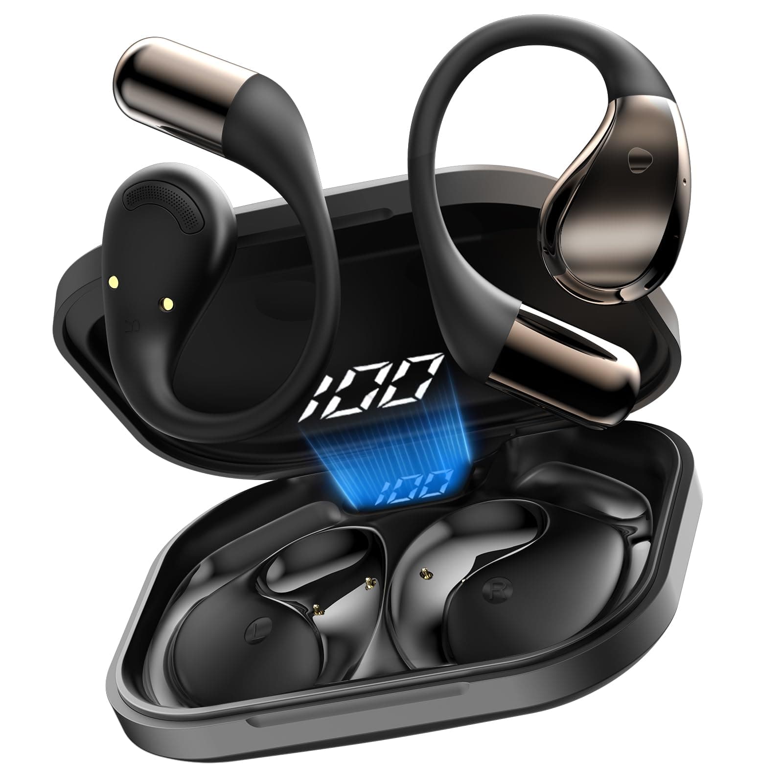 Open-Ear Headphones, Bluetooth 6.0 Wireless Earbuds Powerful Sound, 40H Open Ear Earbuds with ENC Mic, Adjustable Ear Hooks/IP7 Waterproof/Ultra-Comfort Earphones for Workouts, Jet Black
