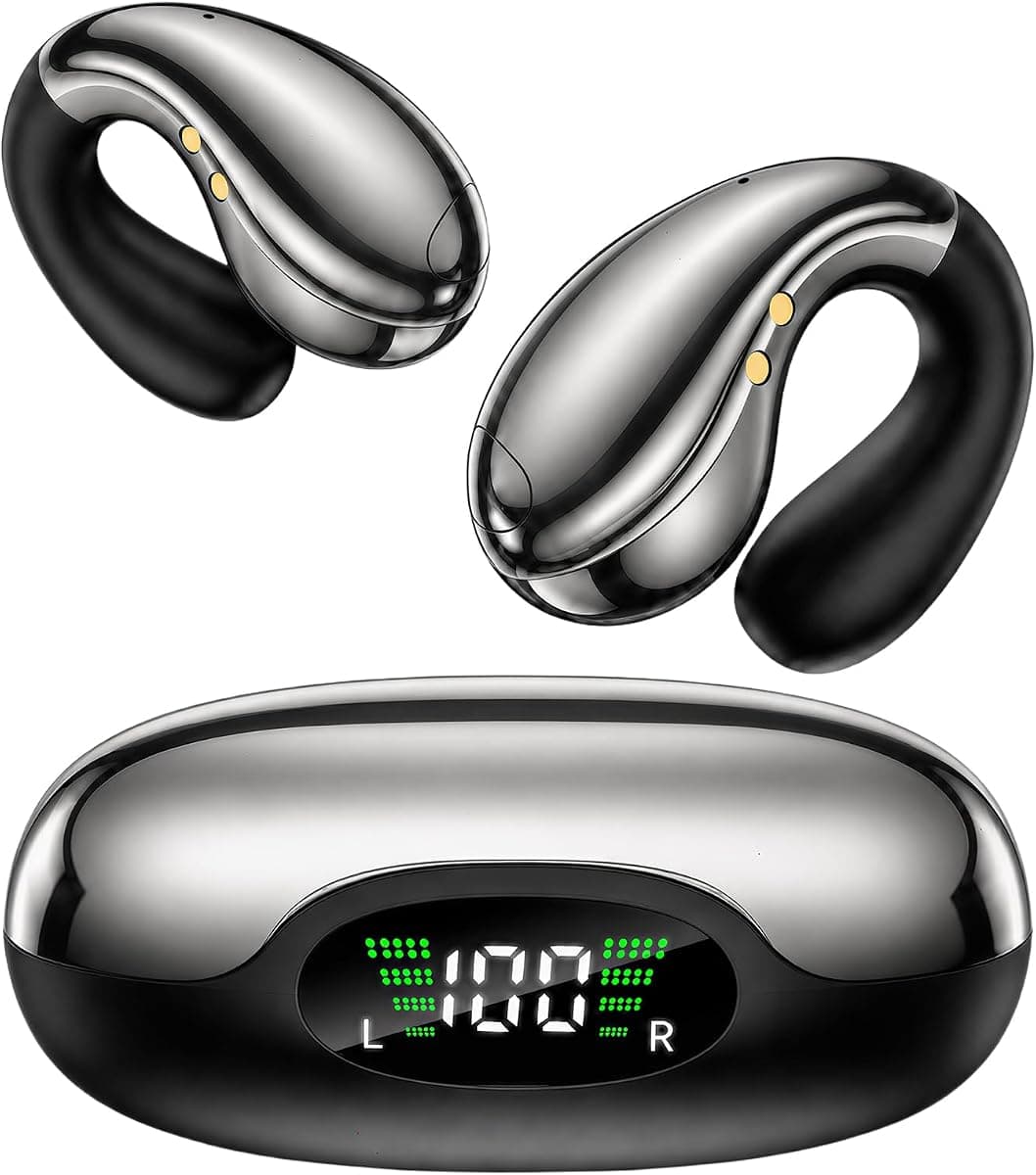 Boytond Ultra Open Ear Earbuds, Comfort Clip On Earbuds, Wireless Bone Conduction Headphones with Bluetooth 5.3, Fast Charging Fast Charging for Running, Sports, and Travel, Glaze Black