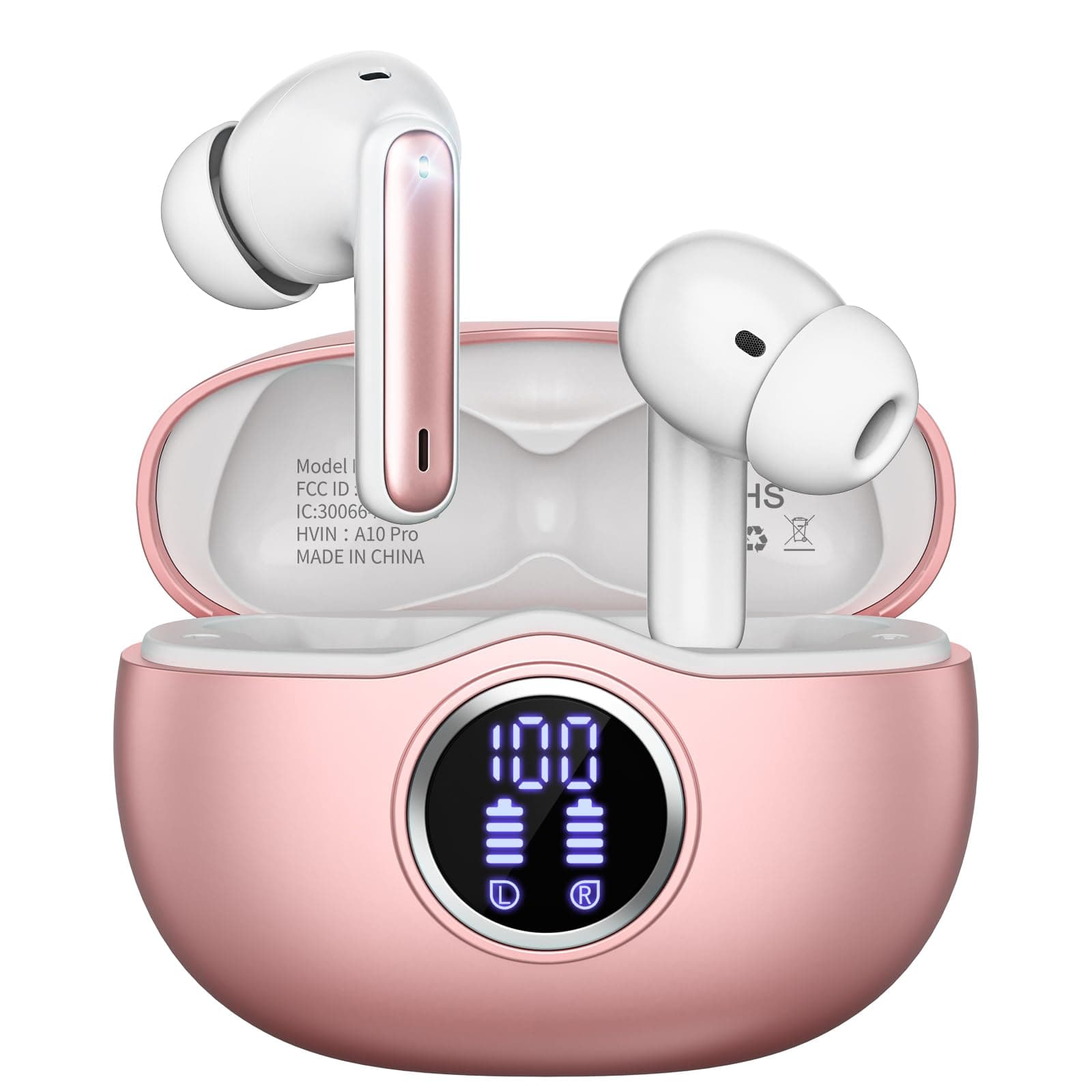 A10 Pro Wireless Earbuds Bluetooth 5.3 HiFi Stereo, 50H Playback LED Digital Display Earphones, ENC Noise Cancelling Mic, Ergonomic Sport Headphone Headset for Gym/Running/Work - Rose Gold
