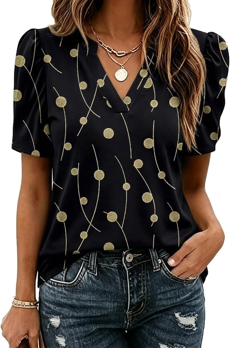 Zeagoo Women Blouses Puff Short Sleeve Tops V Neck Dressy Casual Spring Shirts Boho Floral Cute Clothes 2026