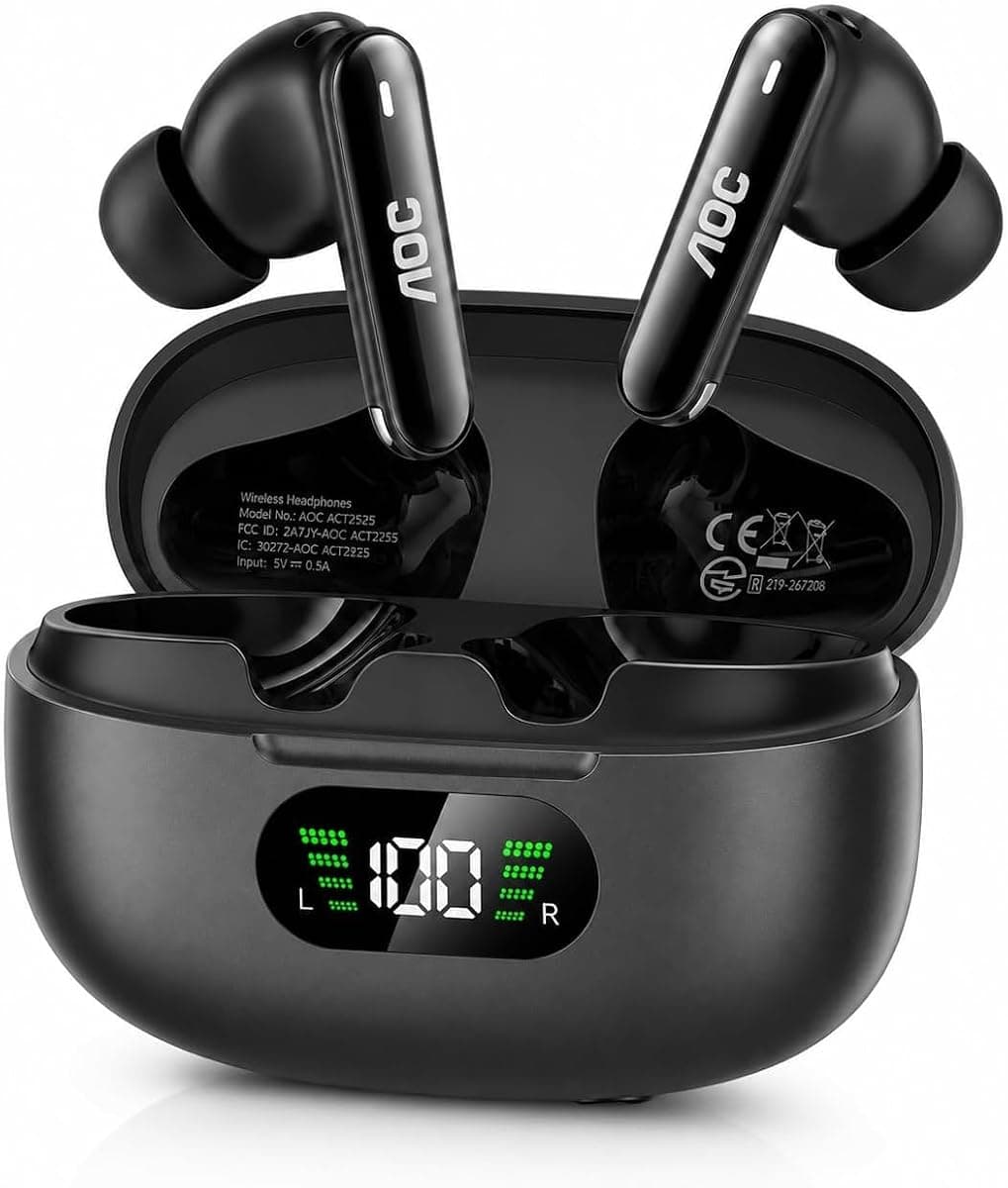 AOC Wireless Earbuds, Bluetooth 6.0 Earbuds with Noise Cancelling Clear Call Pure Sound Bass 45hrs Playtime Bluetooth Earphones with LED Display Light Weight Dual EQ System for Phones/Laptop/Sports
