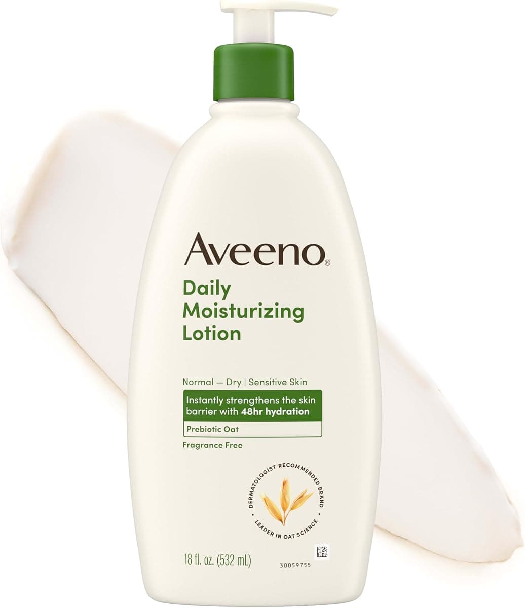 Aveeno Daily Moisturizing Body Lotion for Normal to Dry Skin, Moisturizer with Soothing Prebiotic Oat, Non Greasy, Non Comedogenic, Fragrance Free Body Lotion for Women & Men, 18 Fl Oz