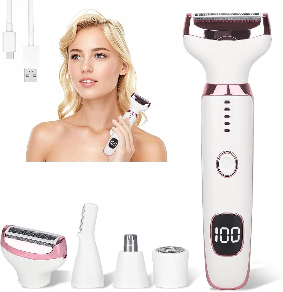 Wet & Dry Electric Razor for Women Men,4 in 1 Rechargeable Led Display Electric Shaver and Facial Hair Remover,Painless Ladies Body Razors for Nose Face Body Leg Bikini Arm Hair (White)