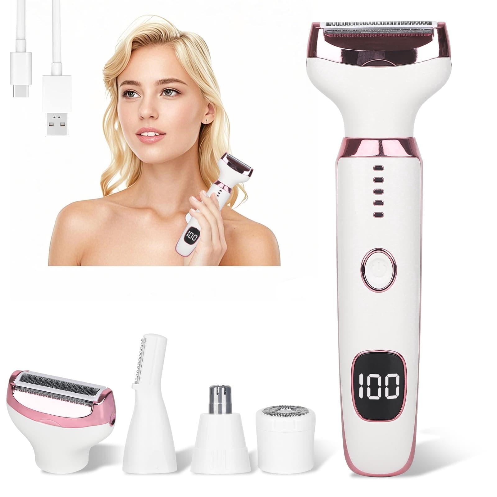 2026 Electric Razor for Women Men,4 in 1 Ladies Wet & Dry Body Razors and Facial Hair Remover,Rechargeable LED Display Hair Removal Kit for Nose Face Body Bikini Hair (Multicolor Pink)