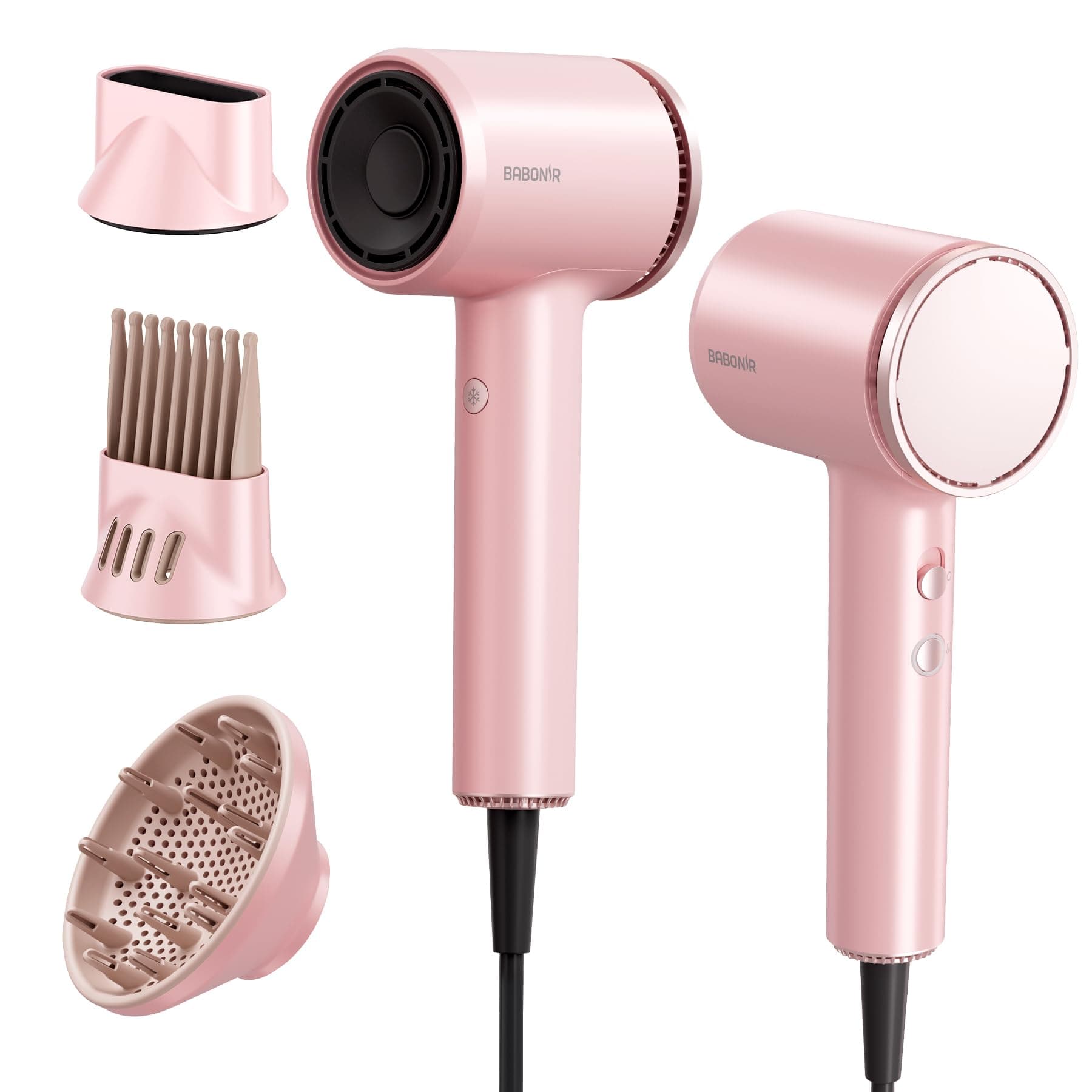 BABONIR Hair Dryer, 110,000 RPM High-Speed Brushless Motor for Fast Drying, 1875W Plasma Blow Dryer with Comb, Diffuser & Concentrator, 550 Million Ionic Hairdryer, Low Noise, for Travel, Salon, Pink