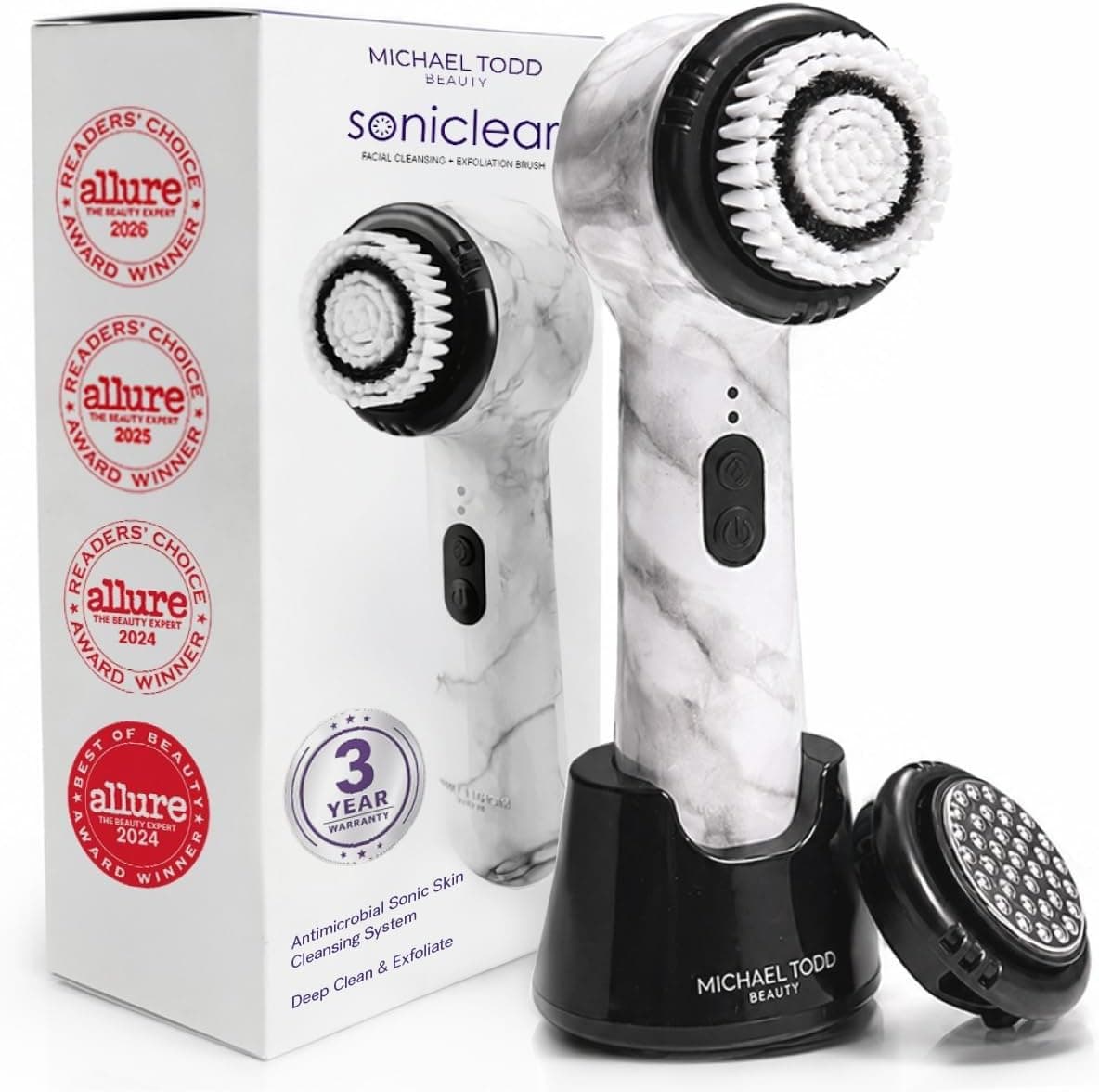 Michael Todd Beauty Soniclear Allure 2026 Readers Choice Winner Sonic (no Rotating) Facial Cleansing + Exfoliation Brush for Men/Women, Antimicrobial Protected Bristles, 4 speeds, Serum Infusion Head