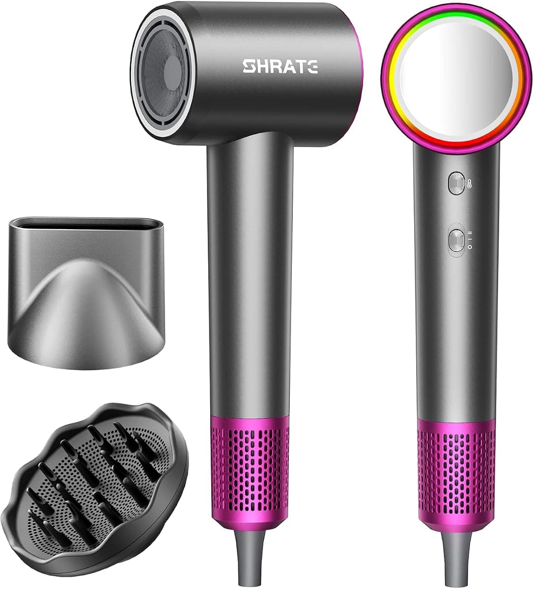 SHRATE Professional High Speed Ionic Hair Dryer | Ultra-Fast Drying | 500 Million Negative Ions | Low Noise | 160000 RPM | Compact Blow Dryer with Magnetic Diffuser for Faster Drying All Hair Types