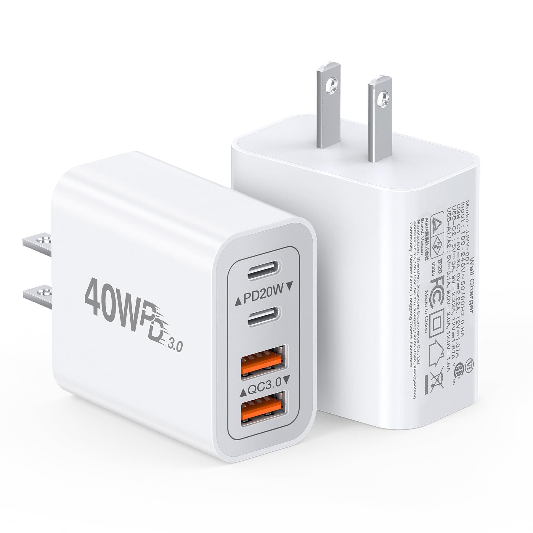 [2-Pack] 40W USB C Charger Block, 4-Port Type C Fast Charging Brick Dual PD&QC Wall Plug Adapter Compatible for iPhone13/14/15/16/17 Pro/Pro Max/iPad, Airpods, iwatch, Samsung Galaxy (White)