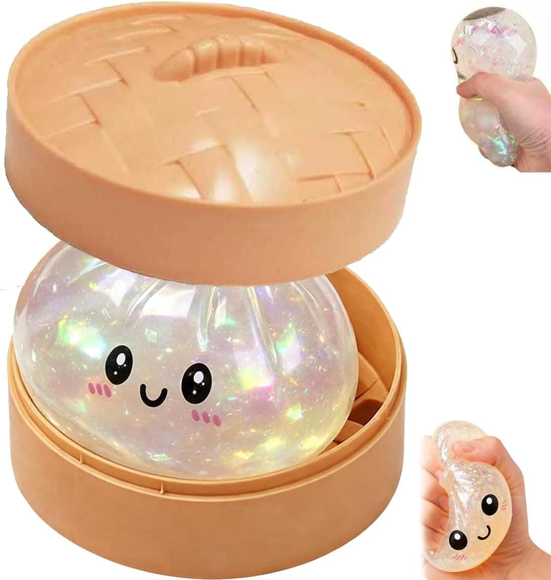 Dumpling Squishes Stress Balls with Steamer, Cute Anxiety Relief Toy, Soft Squeeze Decompression Dough for Adults, Simulation Food Squishies Bun (White) (White)