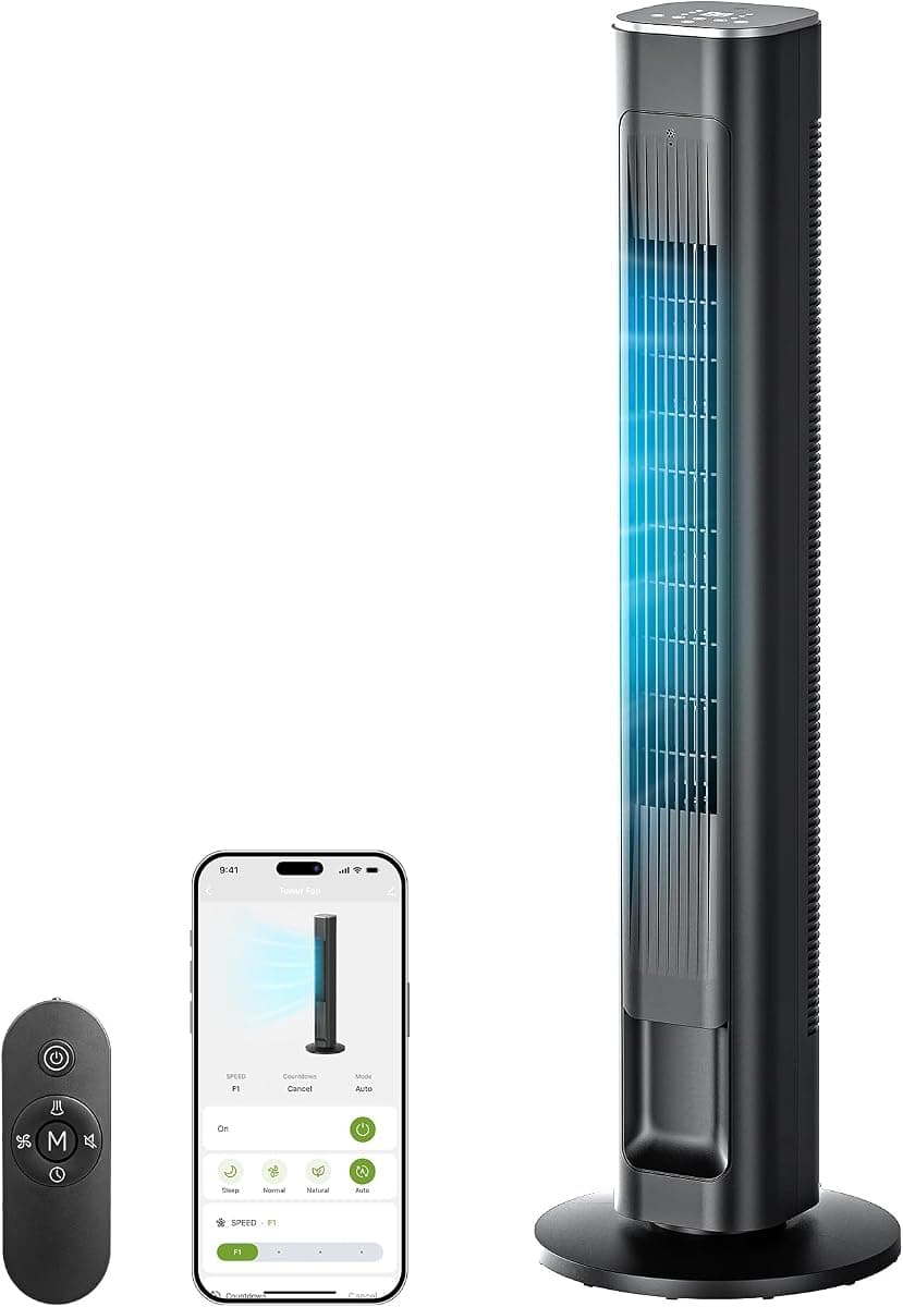 MORENTO Tower Fan for Bedroom, 2026 Upgraded 90° Oscillating 43" Standing Fan with 4 Speeds, 4 Modes, 25ft/s High Speed Tower Fan with APP/Voice/Remote/Touch Control, 28dB, 12H Timer, Black 1Pack
