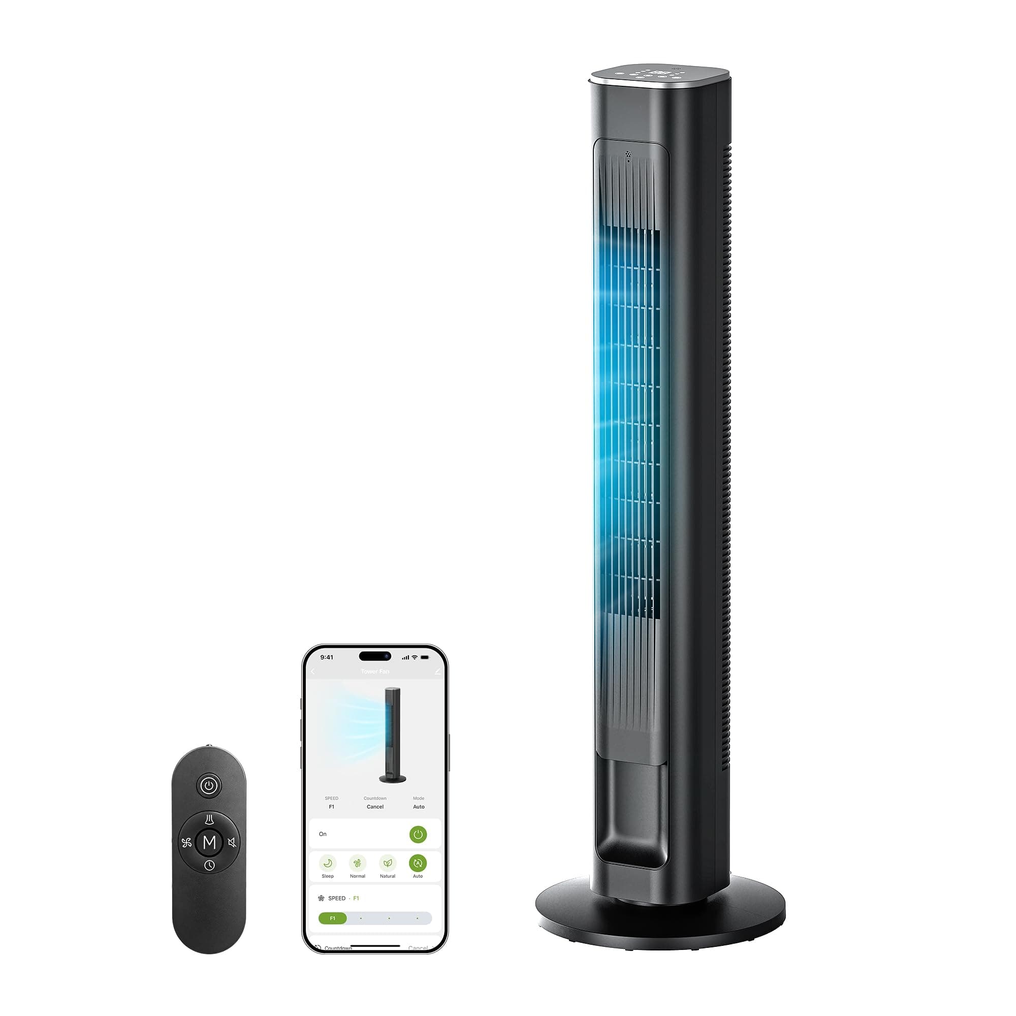 MORENTO Tower Fan for Bedroom, 2026 Upgraded 90° Oscillating 43" Standing Fan with 4 Speeds, 4 Modes, 25ft/s High Speed Tower Fan with APP/Voice/Remote/Touch Control, 28dB, 12H Timer, Black 1Pack