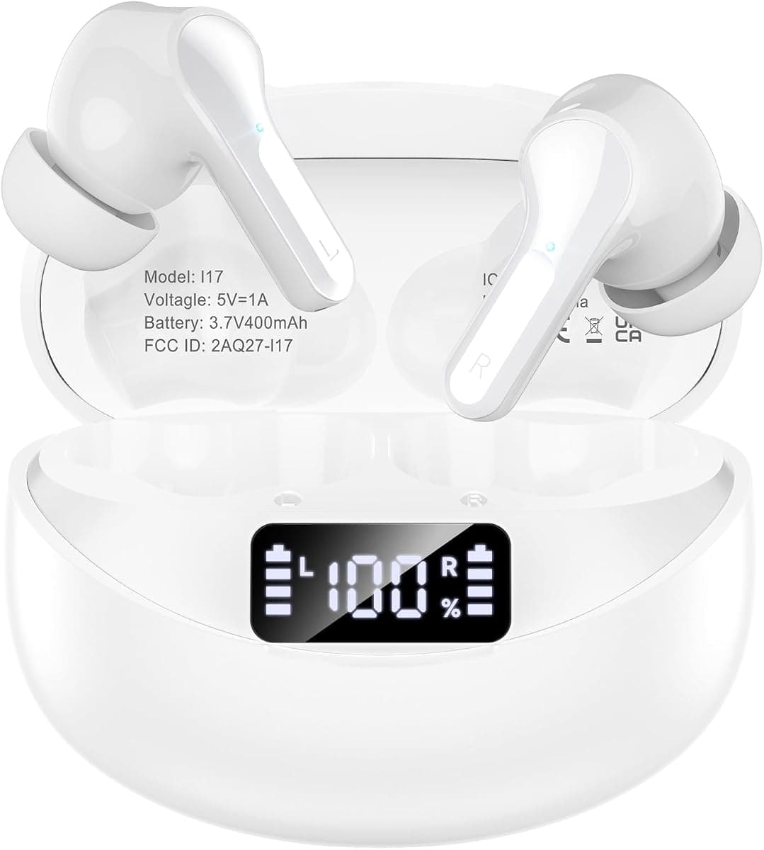 Wireless Earbuds Bluetooth 5.4 HiFi Stereo Headphones with Noise Cancelling Mic, 50H Playback in Ear Buds with LED Digital Display, IPX7 Waterproof Earphones for Office/Running/Workout (White)