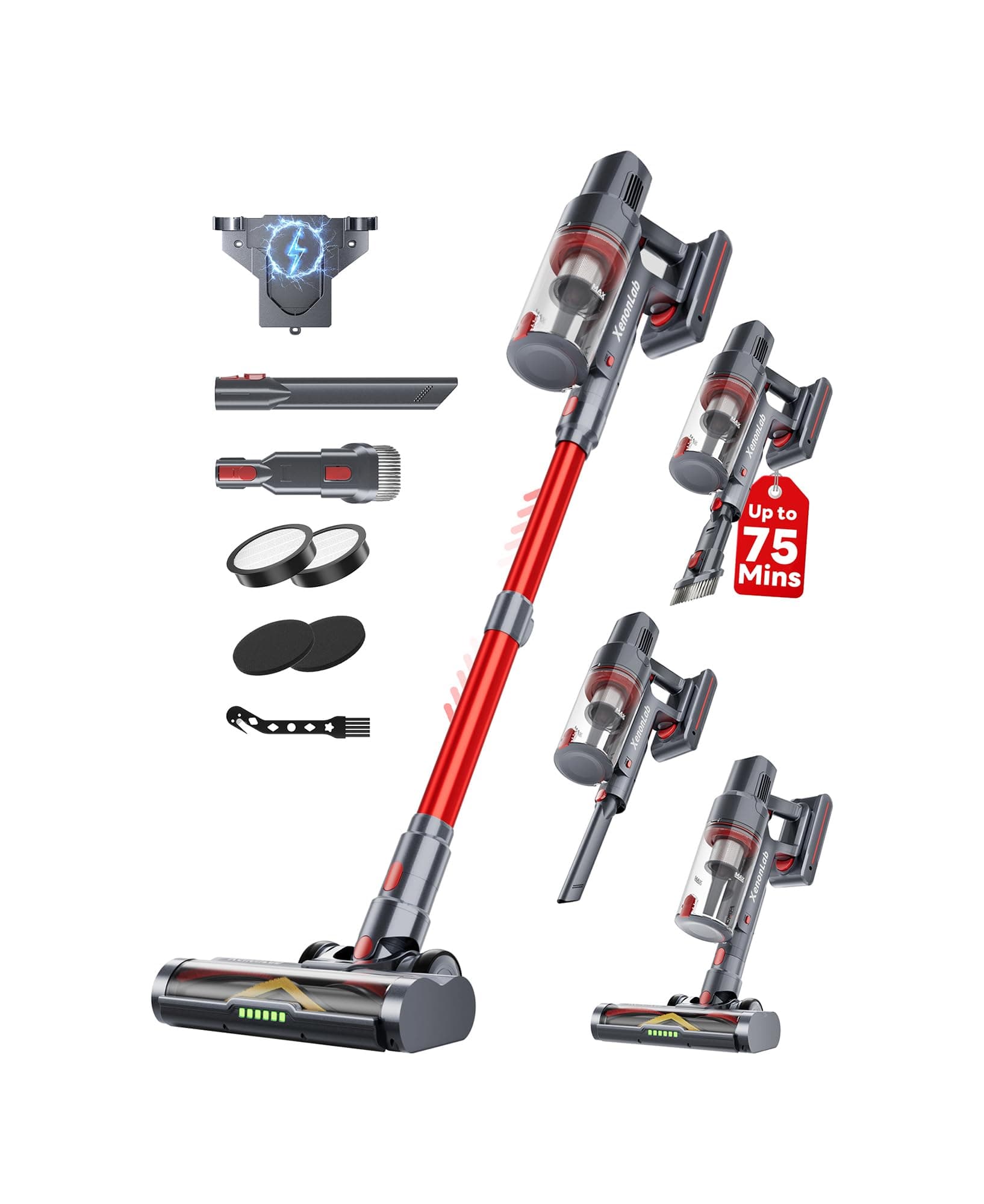 Cordless Vacuum Cleaner, 75Mins/55KPa/650W Freestanding Vacuum Cleaners for Home, with Anti-Static&Anti-Tangle Brush, LED Touch Screen, Stick Vacuum for Carpets, Pet Hair, Hardwood Floors