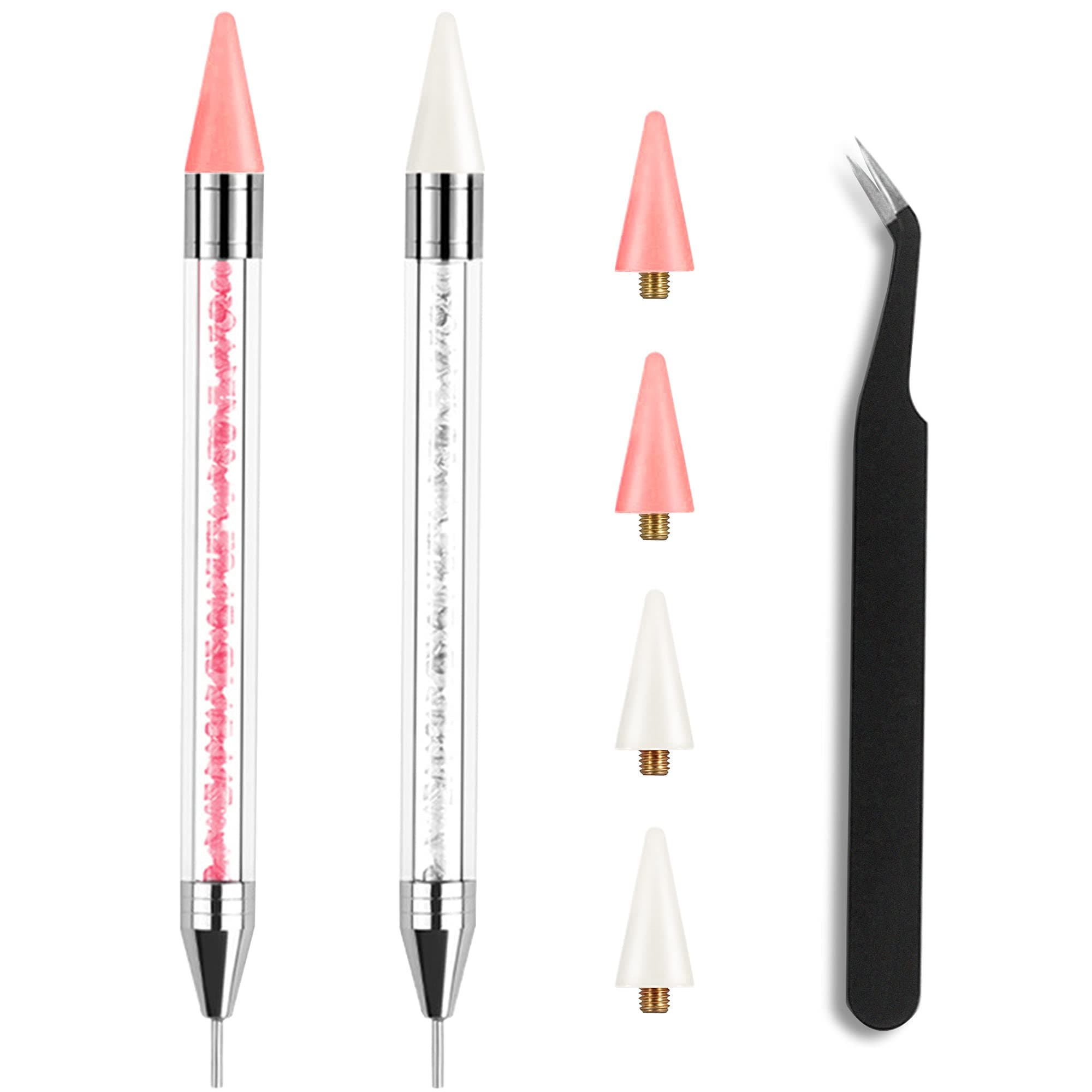 Kaychan Rhinestone Picker Tool 2 Acrylic Handle Applicator | Dual-Ended, DIY Nail Art Tool, 4 Extra Wax Tips, 1 Tweezer