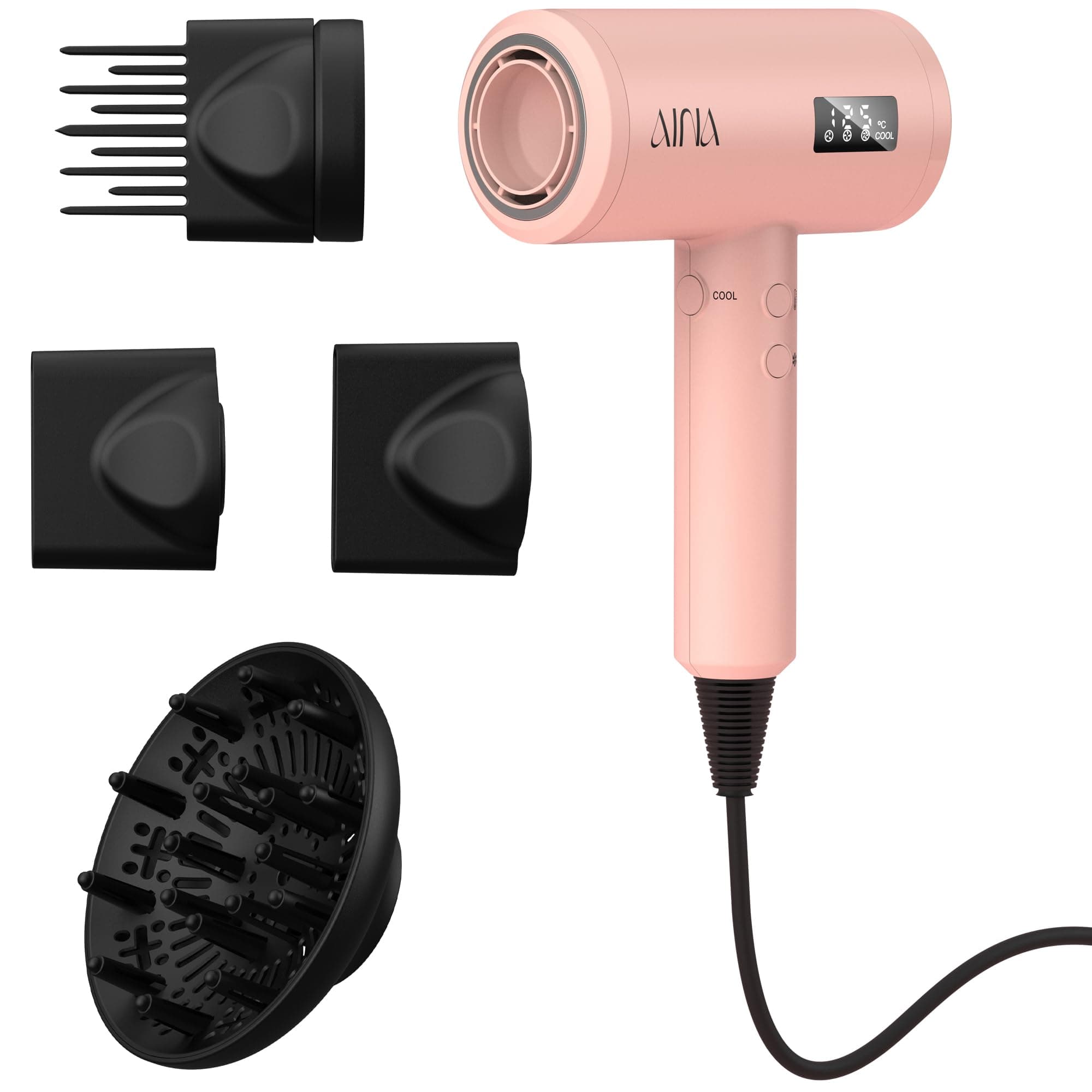 AINA Salon Professional High Speed Hair Dryer with Diffuser Comb 110V/2000W | Lightweight;Ionic;150,000 RPM Brushless Motor;4 Magnetic Attachments;LED Display;Born for Excellence