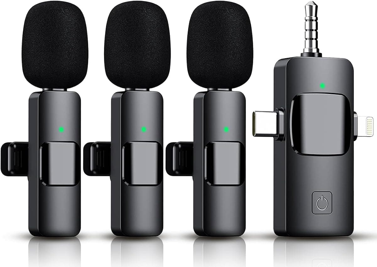 3 in 1 Wireless Lavalier Microphone for iPhone, iPad, Android, Camera,12-Hour Battery, mini Noise Reduction Recording Mic 2.4G Ultra-Low Delay, Microphone for Vlog/ TikTok/YouTube Live Stream( 3 Mic)