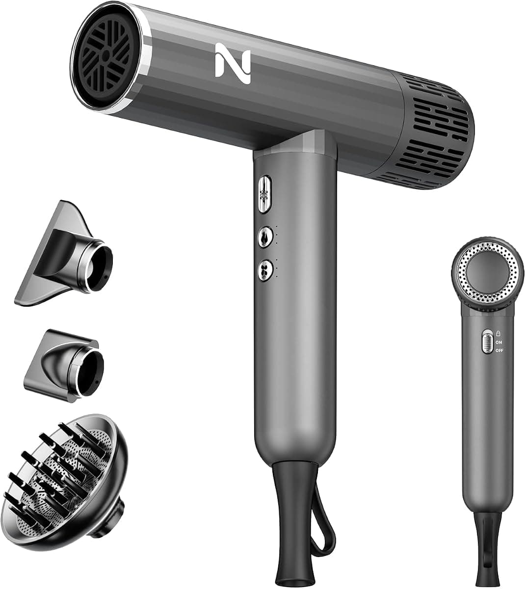 Natrial Ionic Professional Hair Dryer with Diffuser for Curly Hair,1600W&110000RPM High Speed Blow Dryer for Women,Fast Drying,Lock Function,Low Noise,Lightweight for Home Travel Salon,Dark Grey