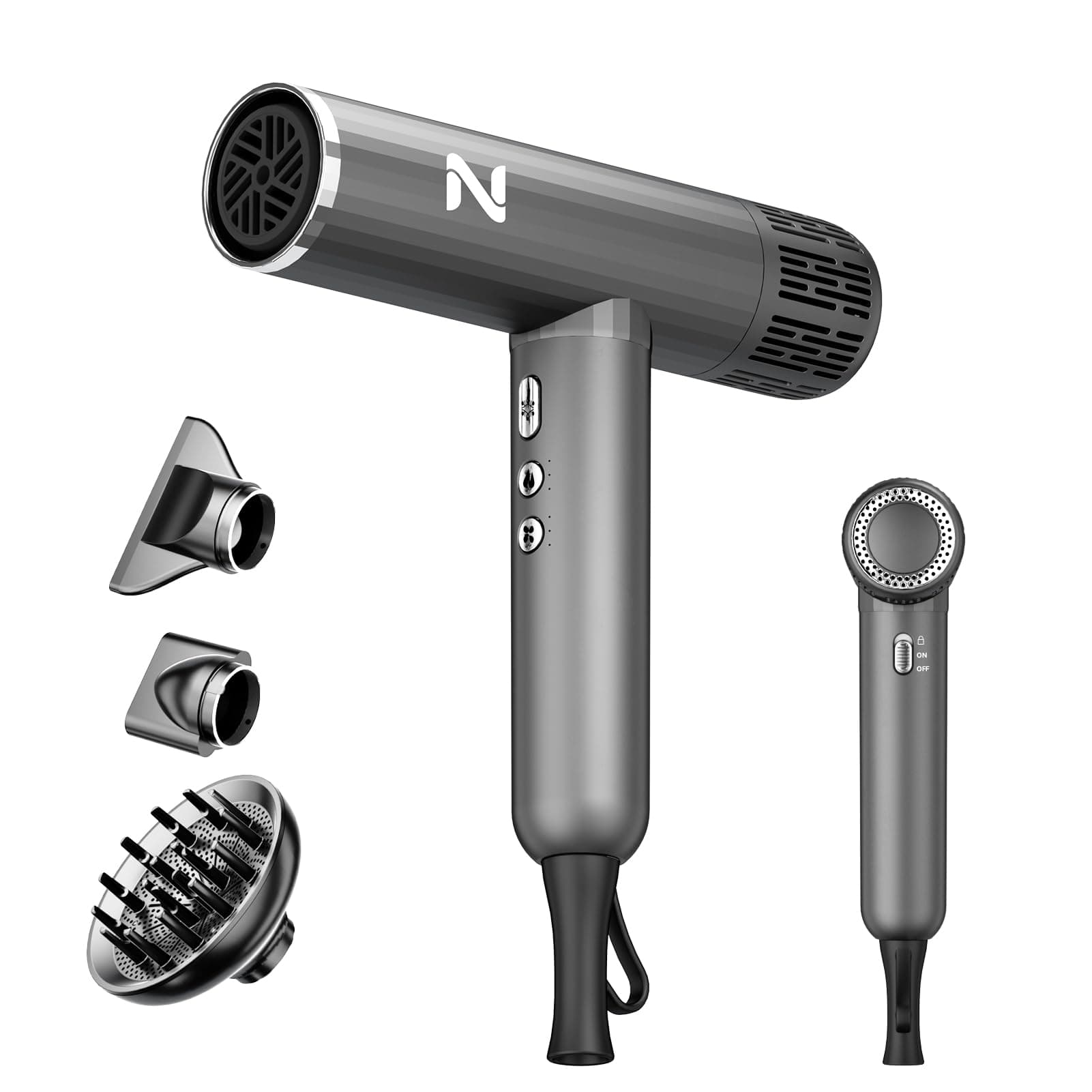 Natrial Ionic Professional Hair Dryer with Diffuser for Curly Hair,1600W&110000RPM High Speed Blow Dryer for Women,Fast Drying,Lock Function,Low Noise,Lightweight for Home Travel Salon,Dark Grey
