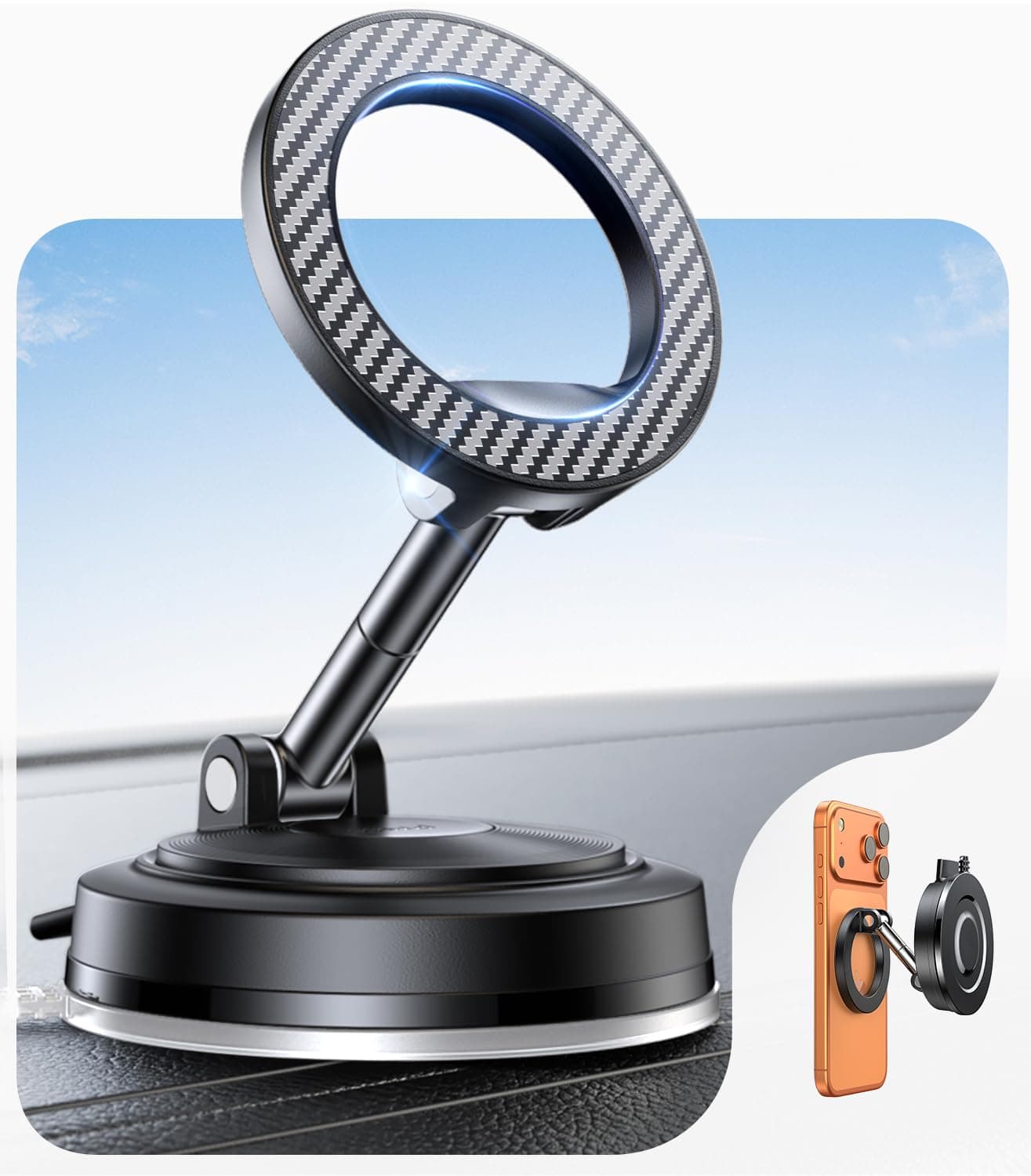 2 in 1 for Magsafe Car Mount [All Surface Ready | 118+LBS Ultra Grip | 2400gf Strong Magnetic] 360° Adjustable Car Phone Holder, Phone Holders for Your Car for All Smartphones, Carbon Fiber